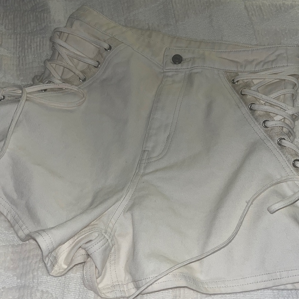 BDG Urban off white a line denim shorts with cross over